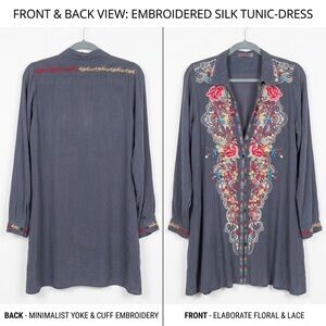 Johnny Was Embroidered Cupra Tunic Dress - Charcoal Floral & Lace - Size S